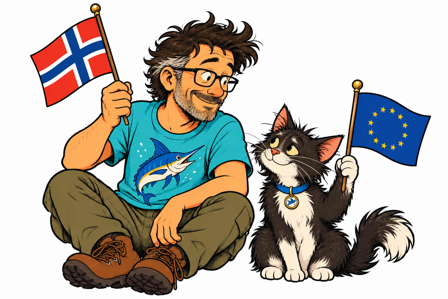 To tegnede figurer med et norsk flagg og et EU-flagg