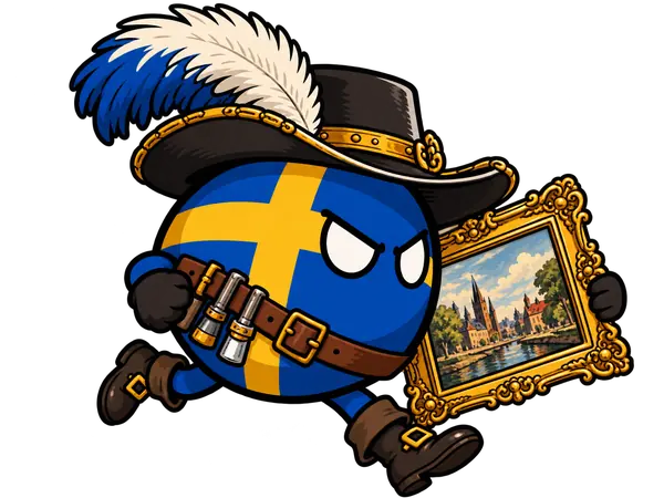 Swedenball i 1600-tallsklær løper av gårde med et maleri